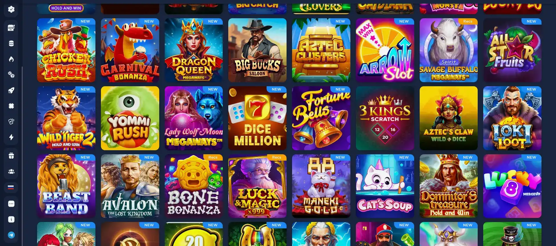 Интерфейс игрового зала Bitz casino с множеством слотов